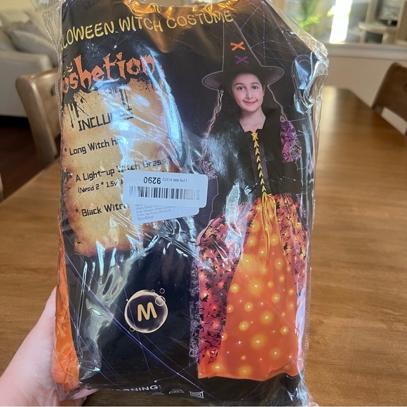 Girls Witch Halloween Costume with Light Up Dress Hat with Broom Size Medium - Picture 10 of 12